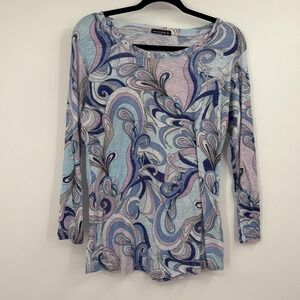 DAVID CLINE Tunic Top Womens XL Blue Paisley Scoop Neck Long Sleeve Rhinestone